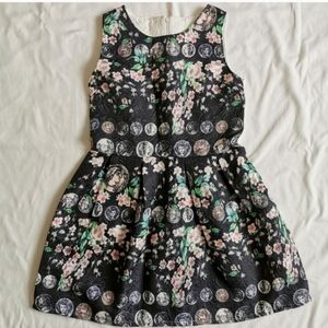 Coin & Floral Print Fit & Flare Mini Dress Party Jacquard Small